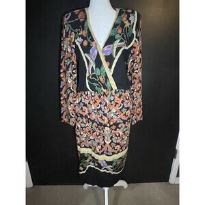 Vintage PHOEBE 2pc Baroque Scarf Print Faux Wrap With Midi Dress S/M